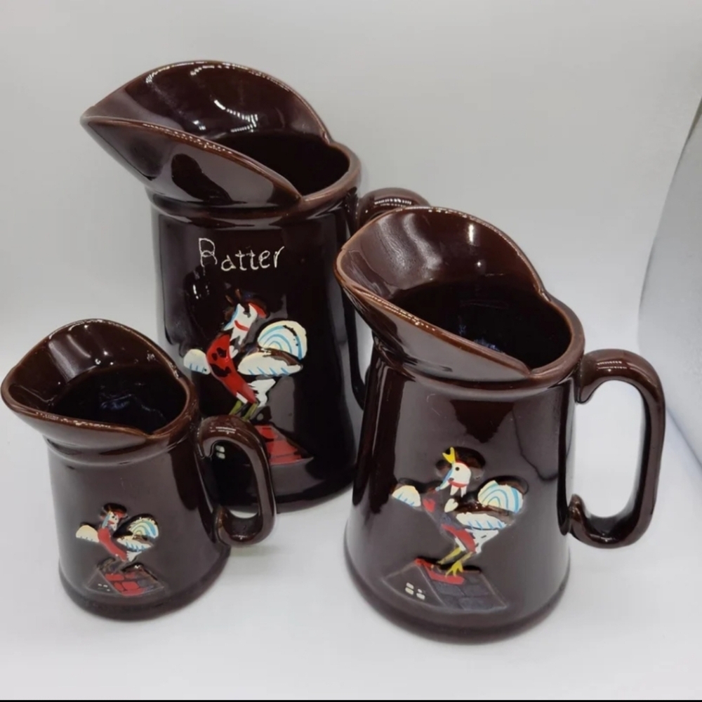 vintage redware ceramic pitchers lot of 3 Batter," "Syrup," and "Butter" Glazed